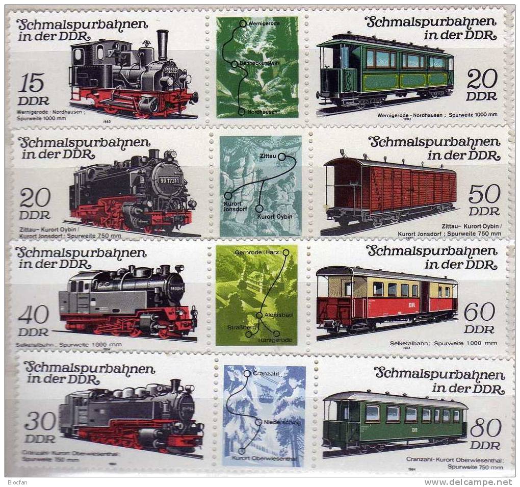 Zusammendrucke Schmalspurbahn Mit Zierfeld III+IV DDR 2792/5,2864/7+4ZD ** 12€ Kleinbahnen Im Harz Se-tenants Of Germany - Verzamelingen (in Albums)