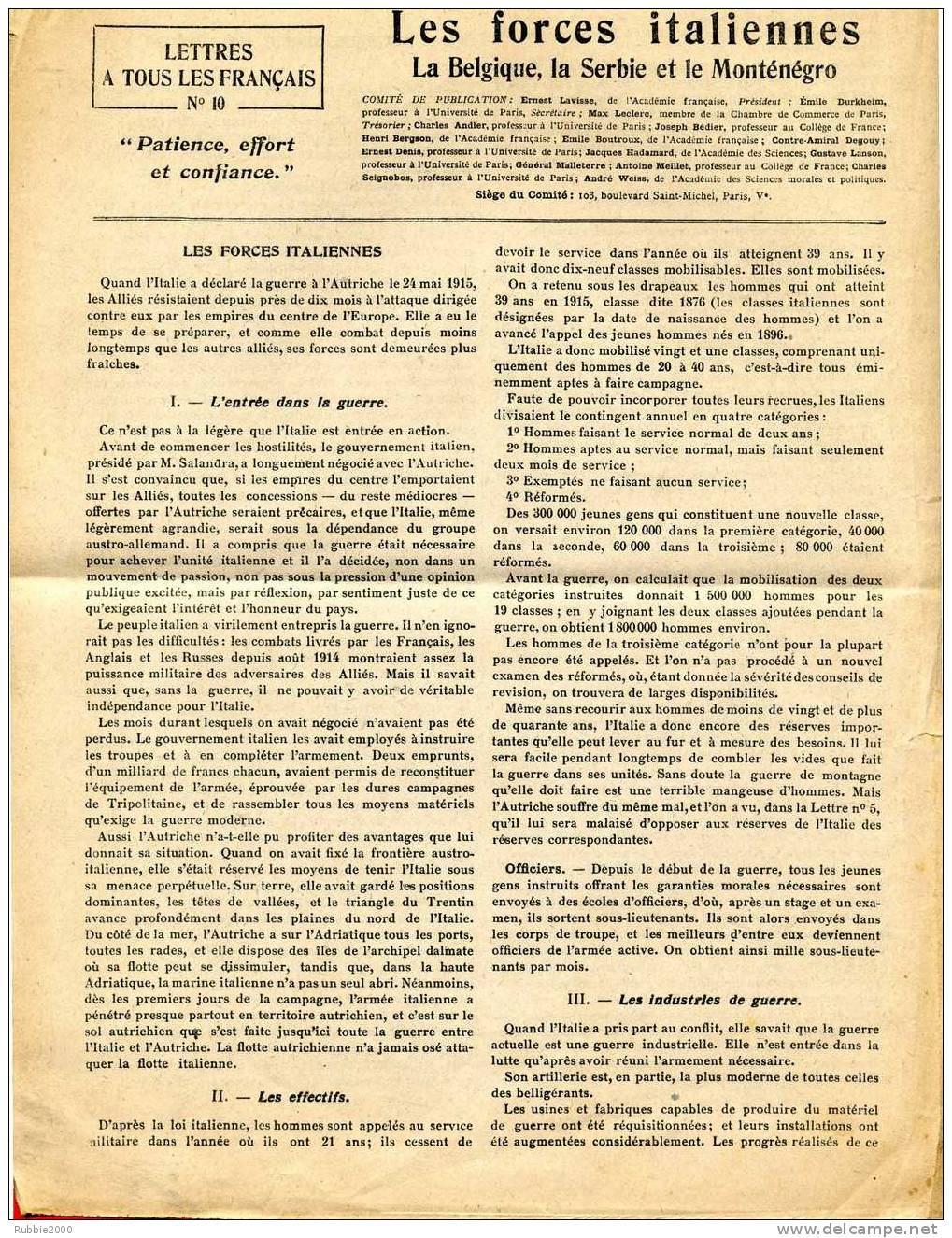 LETTRES A TOUS LES FRANCAIS MARS 1916 LES FORCES ITALIENNES BELGIQUE SERBIE MONTENEGRO EMILE DURKHEIM - Documents