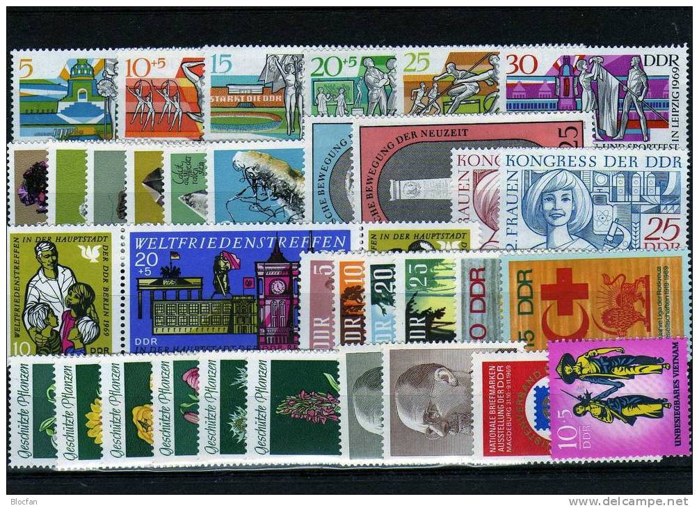 DDR ** 1434/9-1528/3 Jahrgang 1969 Bauwerke Bis Kunstsammlung 32 Ausgaben 61€ Märchen, Straßenverkehr, Messe, Mineralien - Verzamelingen (in Albums)