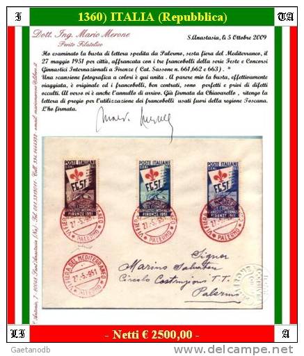 Palermo 01360 - 1951: Serie "Ginnici Di Firenze" Su Busta Viaggiata - Certificato Ing. M. Merone - 1946-60: Storia Postale