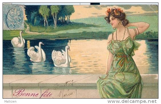 THEMES- Ref  C659- Carte Gaufrée -bonne Fete - Cygnes Et Femme    - Carte Bon Etat - - Femmes