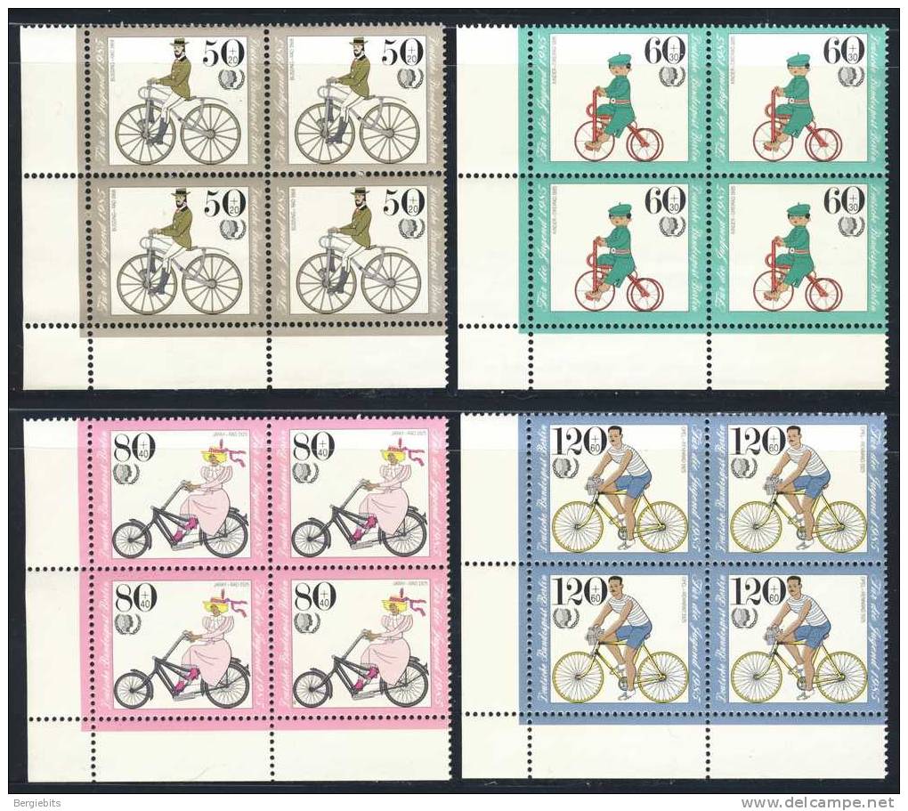 1985 Germany Berlin MNH Corner Blocks Of 4 Cplt. Set Of Historical Bicycles, Semipostals Youth  Issue - Blocks & Sheetlets