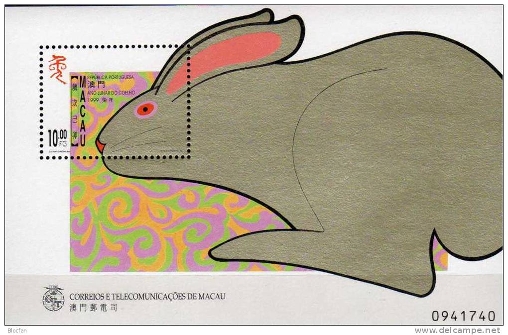 Chinesisches Neujahr 1999 MACAO Block 62 ** 4€ Jahr Des Hasen Nach Kalender China Year Of Hare Fogli Bloc Sheet Bf Macau - Chines. Neujahr