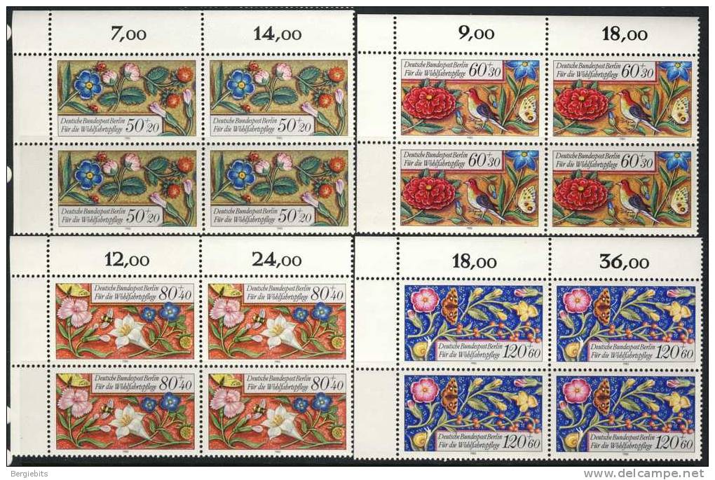 1985 Germany Berlin MNH Corner Blocks Of 4 Cplt. Set Of Flowers & Birds, Semipostals Welfare  Issue - Blocks & Sheetlets