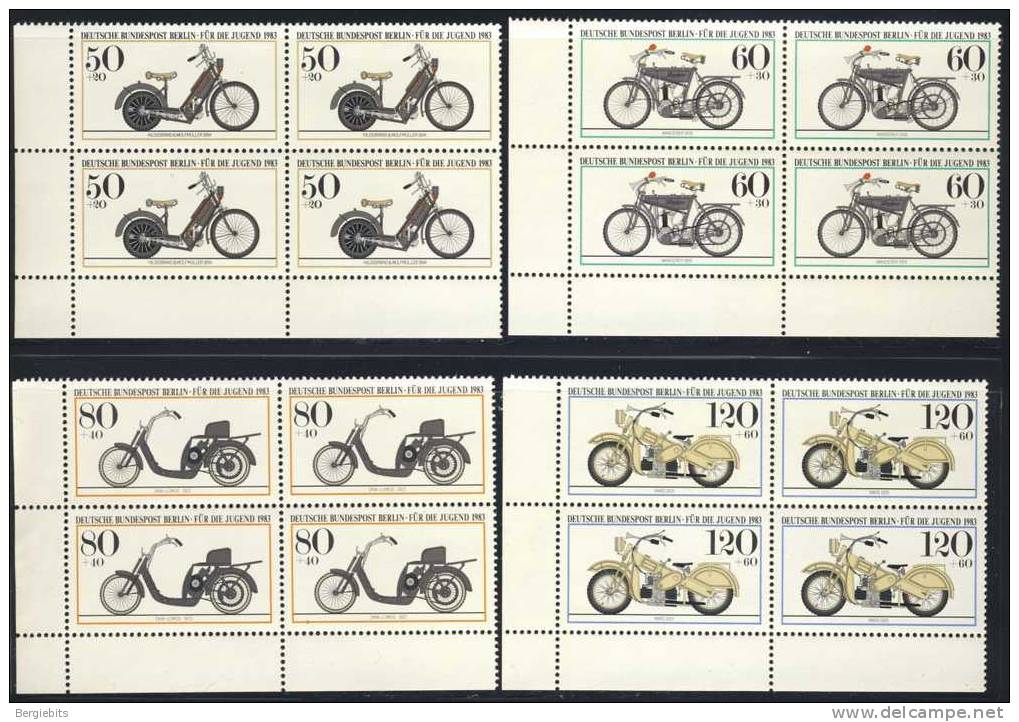 1983 Germany Berlin MNH Corner Blocks Of 4 Cplt. Set Of Historical Motorbikes, Semipostals Welfare  Issue - Blocks & Sheetlets