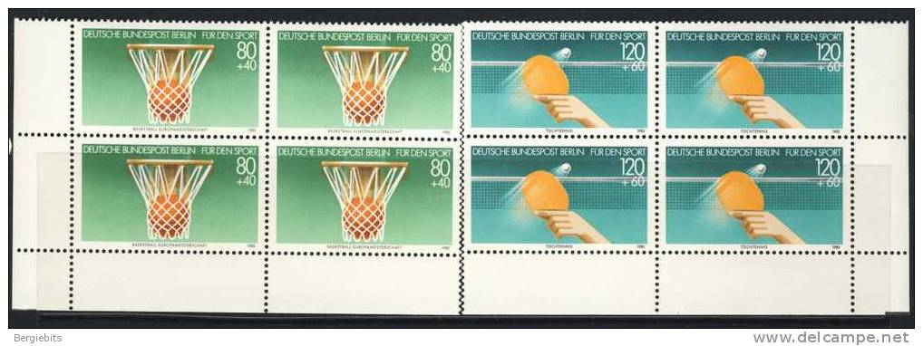 1985 Germany Berlin MNH Corner Blocks Of 4 Cplt. Set Of Basketball & Tabletennis , Semipostals Sport  Issue - Blocks & Sheetlets