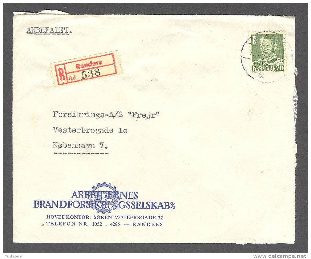 Denmark ARBEJDERNES BRANDFORSIKRINGSSELSKAB Registered Einschreiben Recommandé RANDERS Label Cover 1955 To København V. - Brieven En Documenten