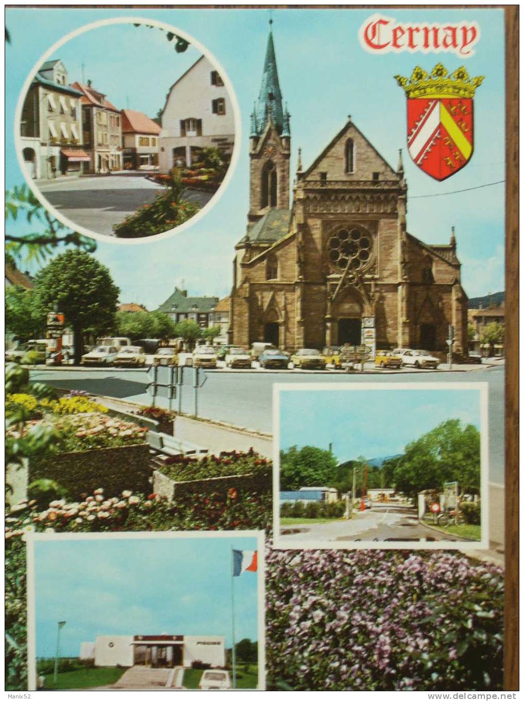 68 - CERNAY - L´ Eglise, Le Camping Et La Piscine. Multivues Avec Blason - Cernay