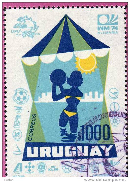 Flugverkehr - Linien, Förderung Des Tourismus Uruguay Block 20 O 38€ Strand-Korb Und Mädchen Mit Ball, UPU, WM - Uruguay