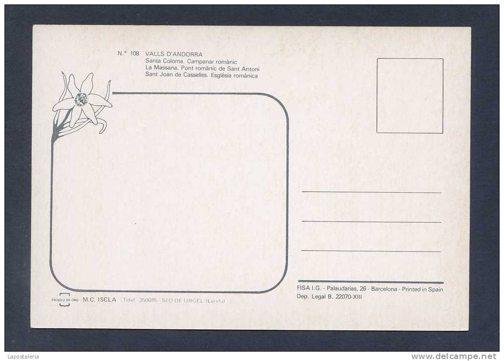 Valls D´Andorra. Ed. Escudo De Oro - M.C. Iscla Nº 108. Nueva. Escudo Flor De Nieve. - Andorre