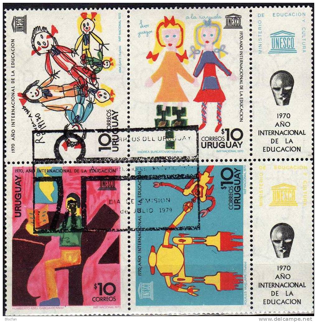 Emblem Der UNESCO 1970 Uruguay 1191/4 ZDs Plus Block III Mit Zierfeld 2+1 O 8€ UNICEF Kinderzeichnungen, Tag Des Kindes - Uruguay