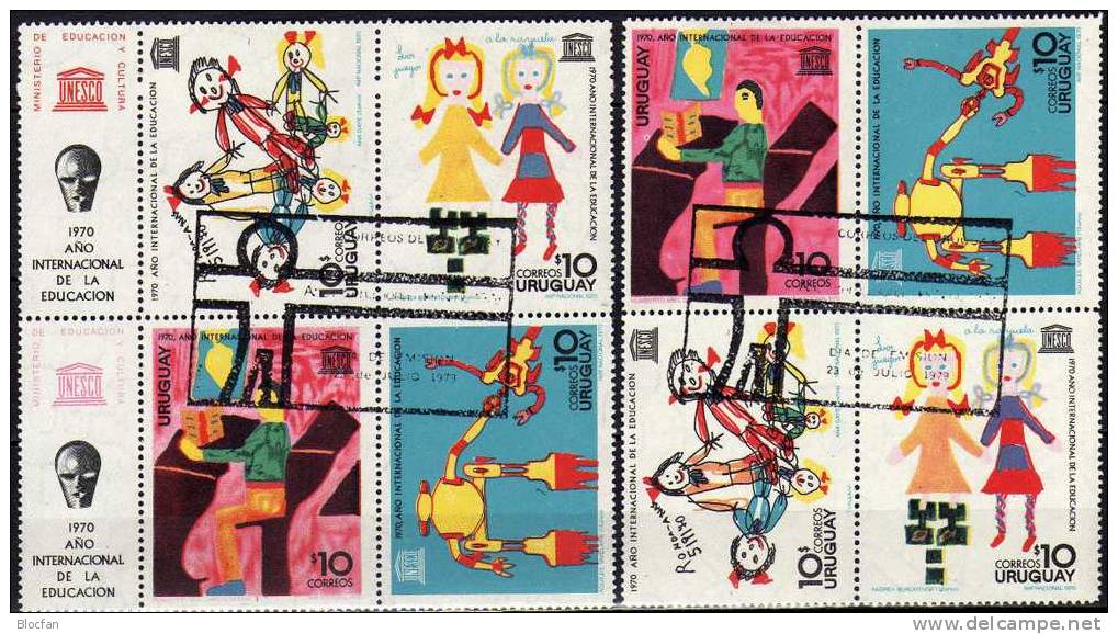 Emblem Der UNESCO 1970 Uruguay 1191/4 VB Plus Block IV Mit Zierfeld 4+3 O 8€ UNICEF Kinderzeichnungen, Tag Des Kindes - Uruguay
