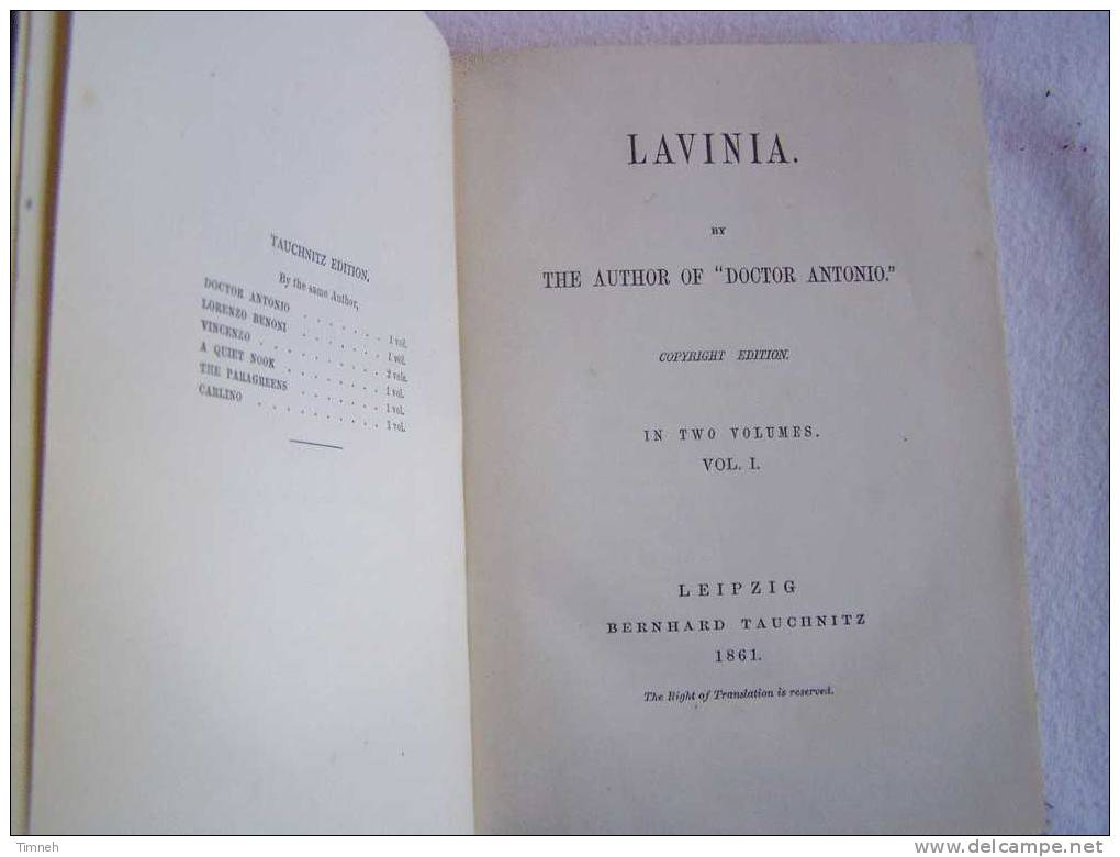 LAVINIA In Two Volumes-this Is VOL.I-tome 1-1861-collection Of British Authors-Bernhard Tauchnitz Leipzig Vol.537- - 1850-1899