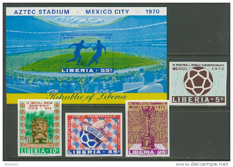 Liberia 1970 Football Soccer World Cup Set Of 4 + S/s Imperf. MNH -scarce- - 1970 – Mexico