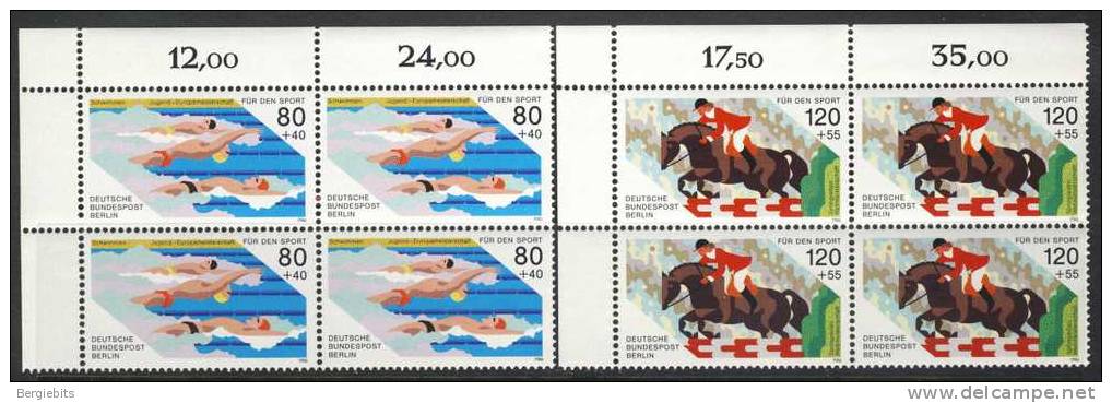 1986 Germany Berlin MNH Blocks Of 4 Cplt Set Of Swimming & Horsebackriding,Semiposta L Sport Issue - Blocks & Sheetlets