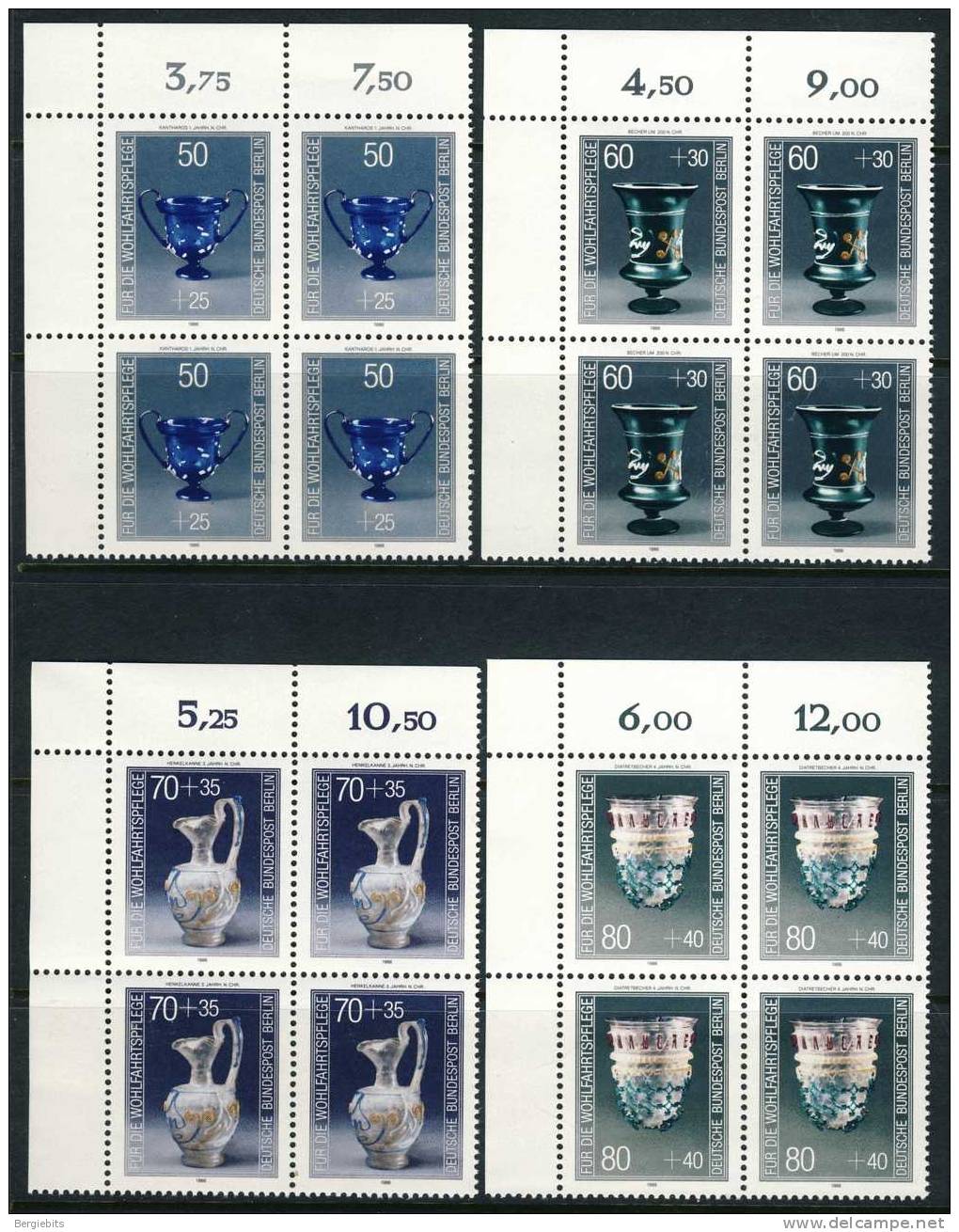 1985 Germany Berlin MNH  Blocks Of 4 Cplt Set Of Valuable Glasses, Semipostal Welfare Issue - Blocks & Sheetlets