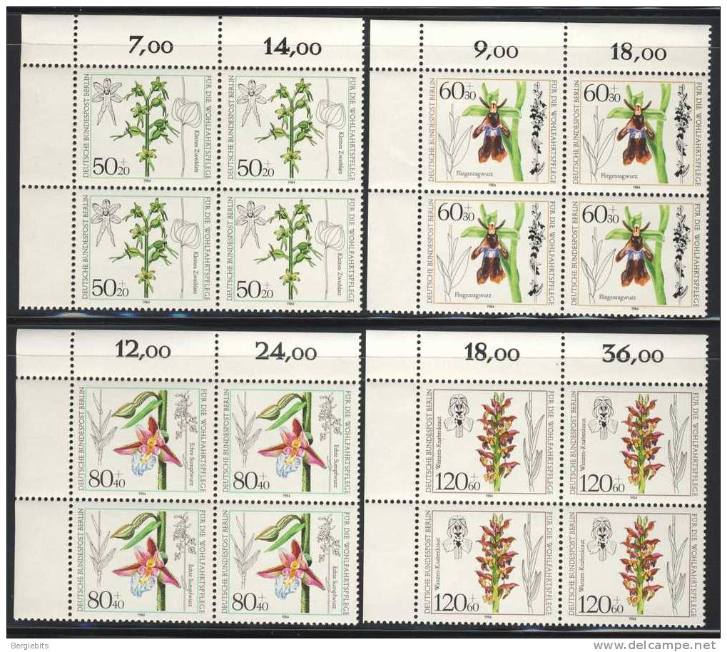 1984 Germany Berlin MNH  Blocks Of 4 Cplt Set Of Orchids, Semipostal Welfare Issue - Blocks & Sheetlets