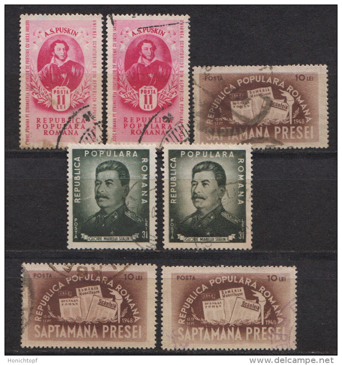 Rumänien; 1948/9; Michel 1154, 1187 + 1195 O, Lot 6 Stück Mit Presse, Stalin Und Puskin - Usado