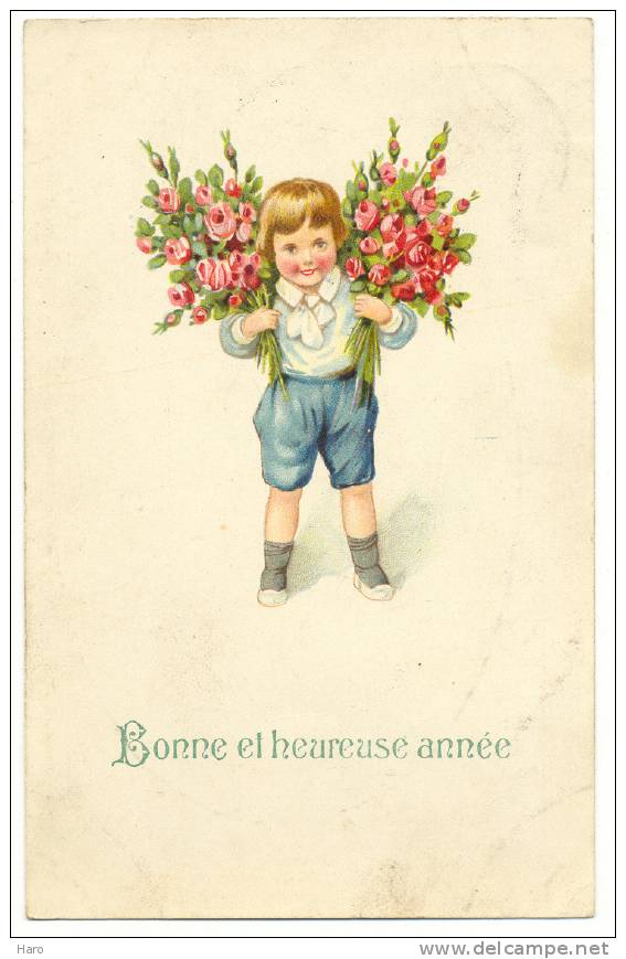 Bonne Année - Enfant - Petit Garçon Avec Deux Bouquets De Fleurs (1825)b35 - Petersen, Hannes