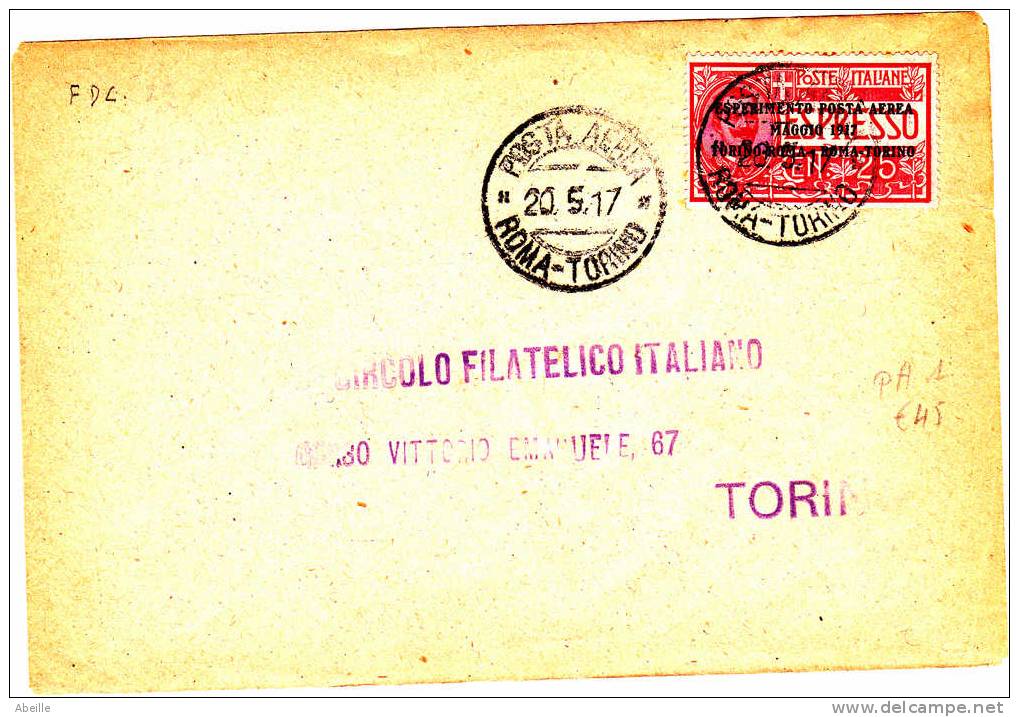 IT   63   POSTE AERIENNE NR.1   OBL  20/5/1917 ROMA -TORINO - Posta Aerea
