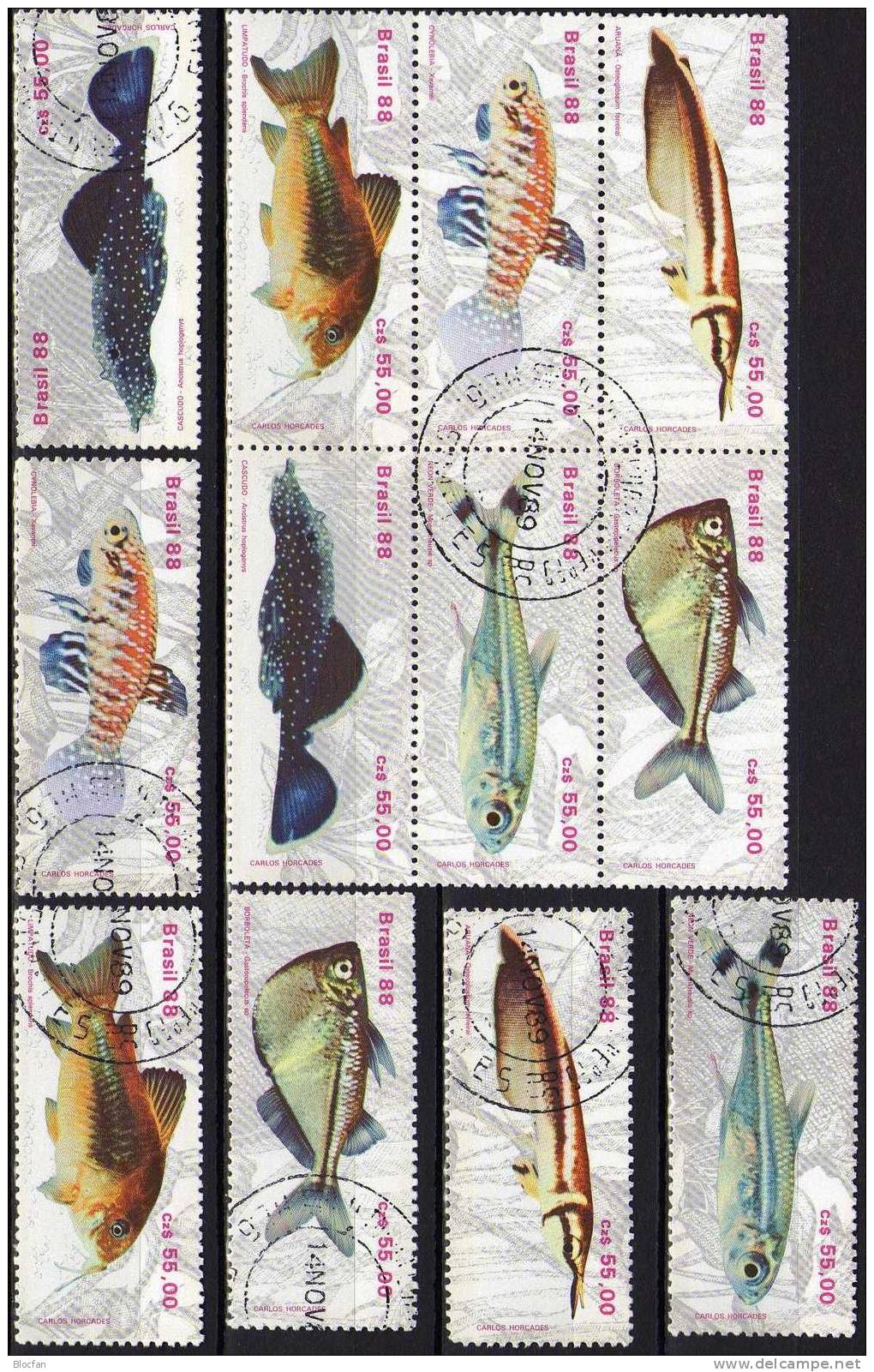 WWF Gestempelt Naturschutz Fische 1988 Brasilien 2276/1,6xZD+6-Block O 16€ Se-tenant Beil Bart Neon Kärpfling Glanz-Wels - Collections, Lots & Séries