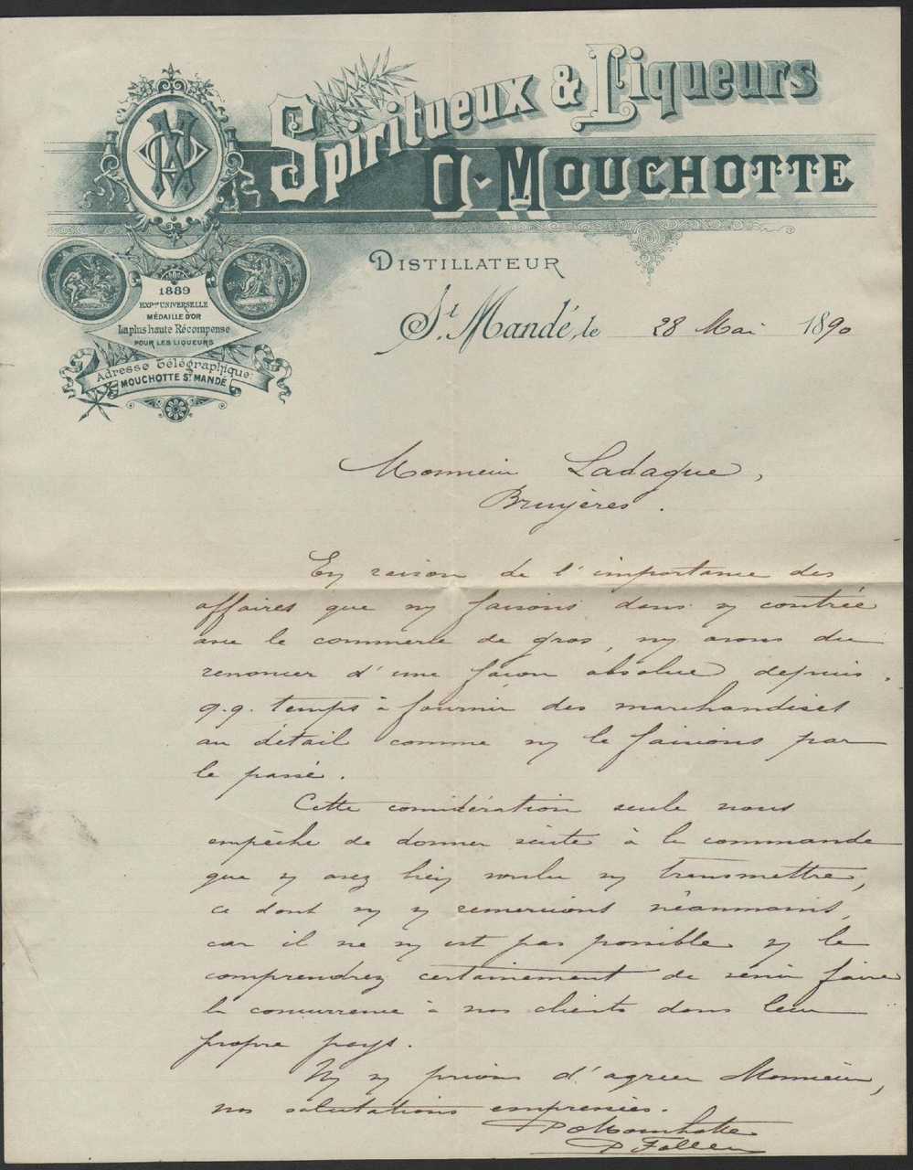 1890 Octave Mouchotte DISTILLATEUR à Saint Mandé (Seine) = Facture + Enveloppe - 1800 – 1899