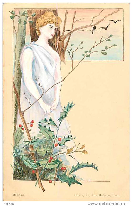 THEMES- Ref C977- Illustrateur Femmes - Dessin - Tendance Art Nouveau- Fleurs  - Carte Bon Etat - - 1900-1949