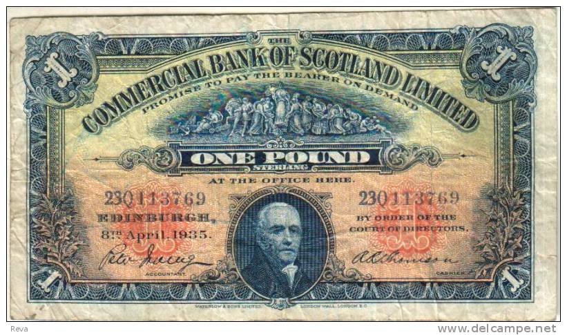 UNITED KINGDOM SCOTLAND 1 POUND BLUE COMMERCIAL BANK MAN FRONT & BUILDING BACK DATED 08-4-1935 P? READ DESCRIPTION !! - 1 Pond