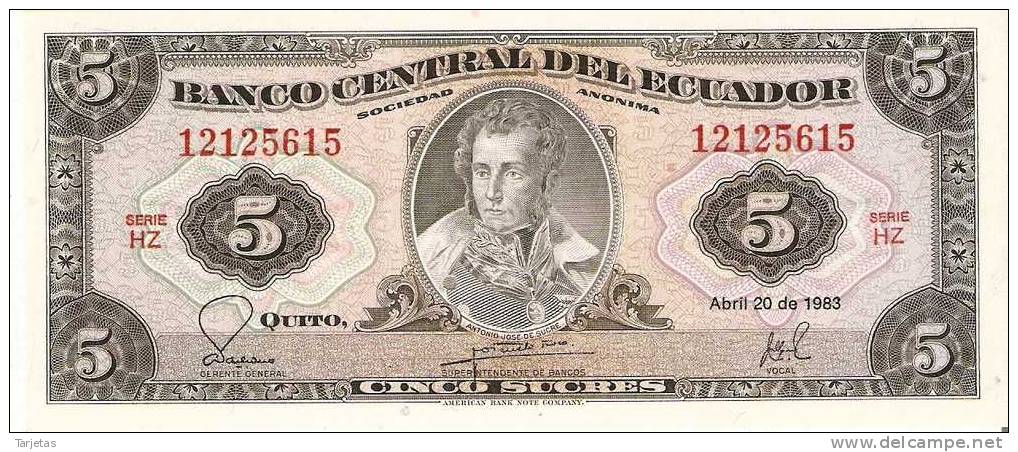 BILLETE DE ECUADOR DE 5 SUCRES SIN CIRCULAR  (BANKNOTE) - Ecuador