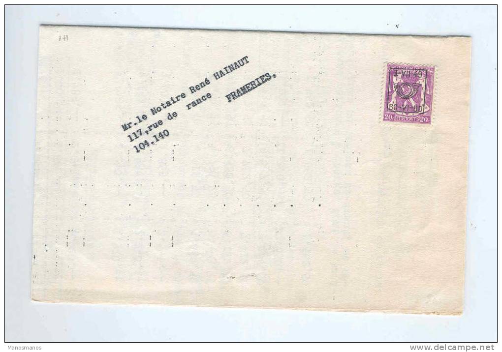 327/16 - IMPRIME TP PREO 1949 - TB Texte Secrétariat Social Des Notaires Vers Notaire à FRAMERIES - Typo Precancels 1936-51 (Small Seal Of The State)