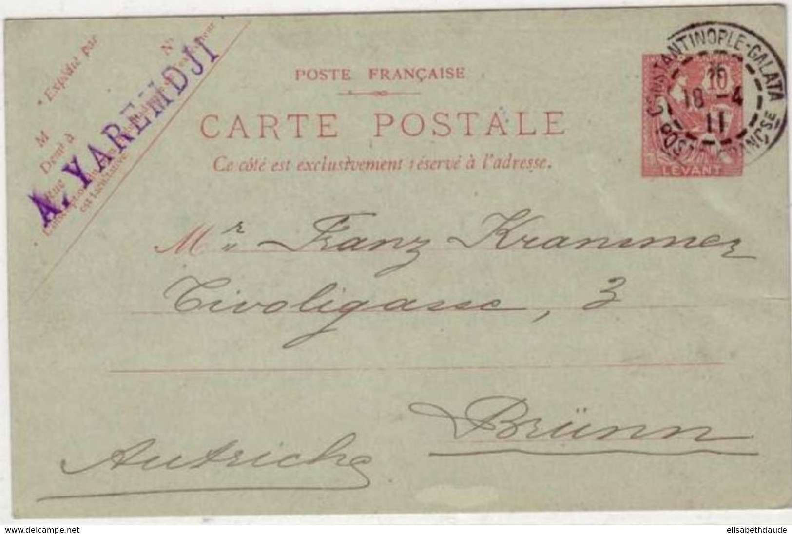 1911 - CP ENTIER POSTAL MOUCHON Du LEVANT De CONSTANTINOPLE GALATA (TURQUIE) Pour BRÜNN (AUTRICHE -MORAVIE) - Covers & Documents