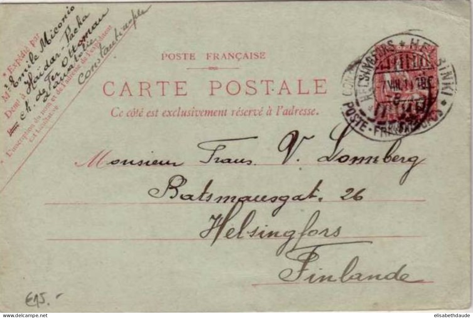 1911 - ENTIER POSTAL MOUCHON Du LEVANT (CARTE POSTALE) De CONSTANTINOPLE (TURQUIE) Pour HELSINGFORS (FINLANDE) ! - Briefe U. Dokumente