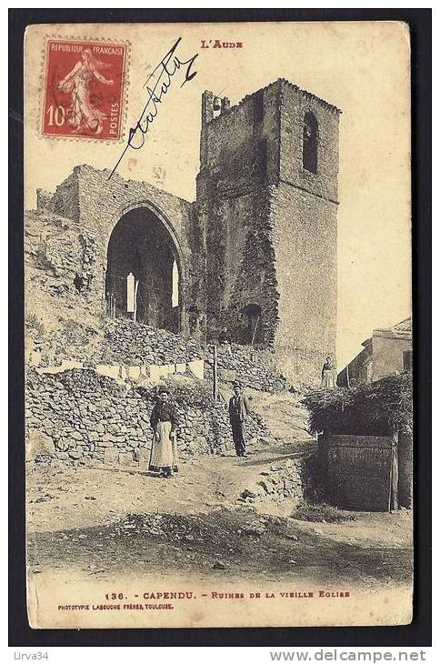 CPA  ANCIENNE- FRANCE- CAPENDU (11)- RUINES DE LA VIEILLE EGLISE AVEC BELLE ANIMATION- LINGE ETENDU- - Capendu