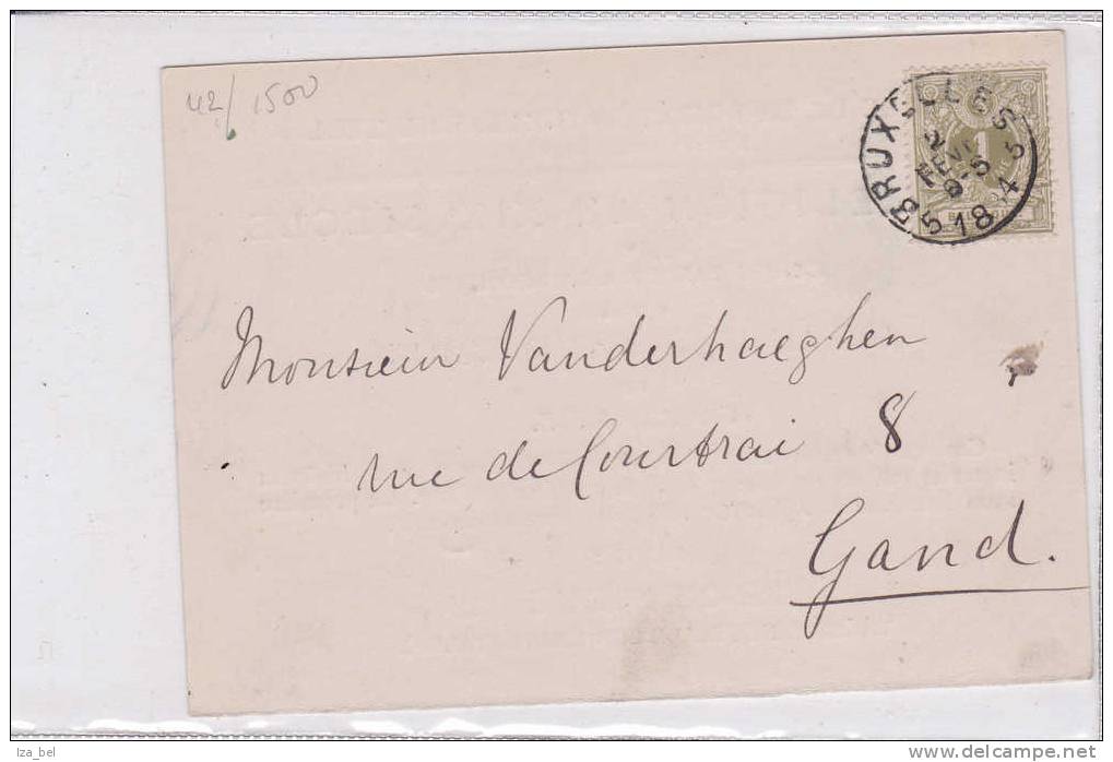 N°42 SEUL C1C BRUXELLES 2 FEVR 1884 S/pt IMPRIME "salle De Le Soc.GUILLAUME TELL LA RELIGION AU XIXe SIECLE".TB - 1869-1888 Lion Couché