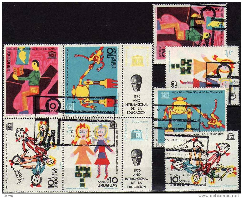 Emblem UNESCO 1970 Uruguay 1191/4+Block I Mit Zierfeld 1+2 O 7€ UNO UNICEF Kinderzeichnung Kindertag Hb Sheet Bf America - Marionetas