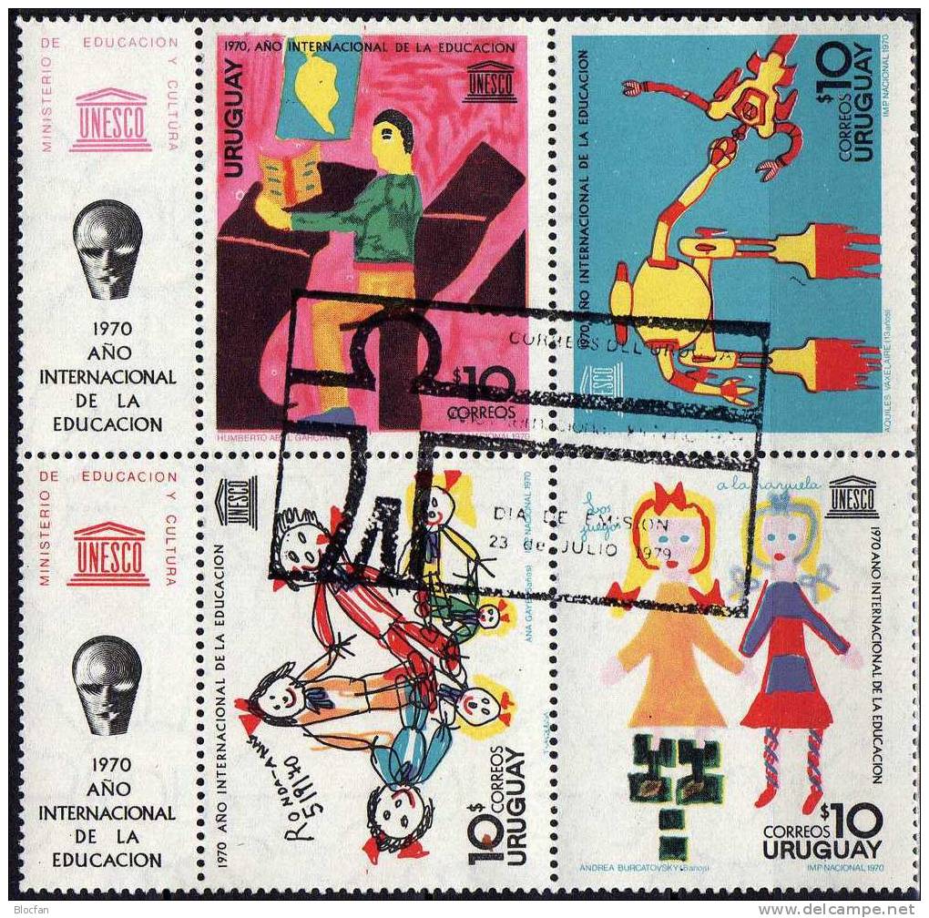 Emblem UNESCO 1970 Uruguay 1191/4 2xZD+Block II Mit Zierfeld 3+4 O 8€ UNICEF Kinder-Zeichnung Kindertag Sheet Bf America - Uruguay