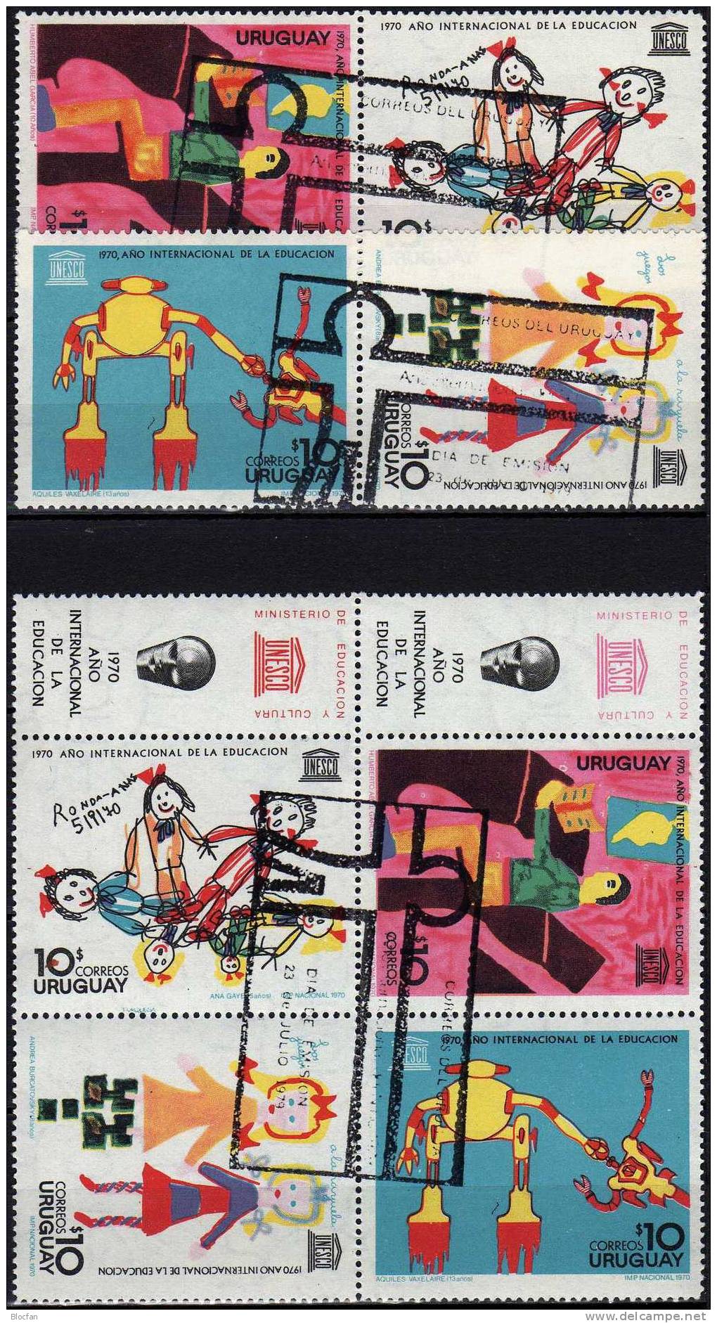 Emblem UNESCO 1970 Uruguay 1191/4 2xZD+Block II Mit Zierfeld 3+4 O 8€ UNICEF Kinder-Zeichnung Kindertag Sheet Bf America - Uruguay