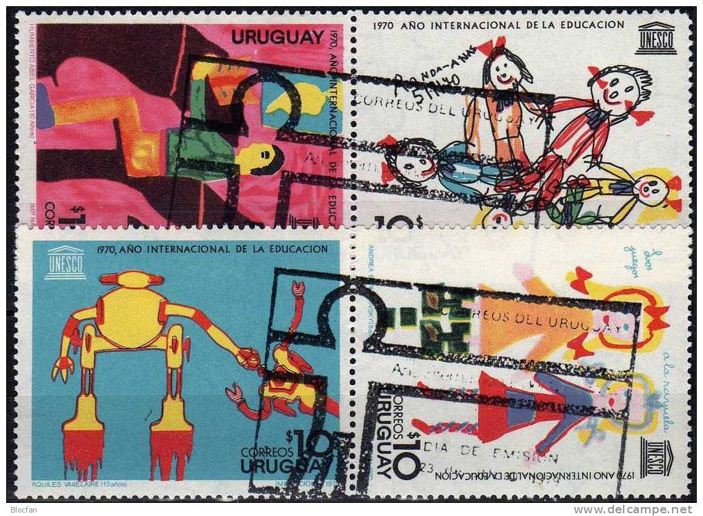 Emblem UNESCO 1970 Uruguay 1191/4 2xZD+Block II Mit Zierfeld 3+4 O 8€ UNICEF Kinder-Zeichnung Kindertag Sheet Bf America - Uruguay