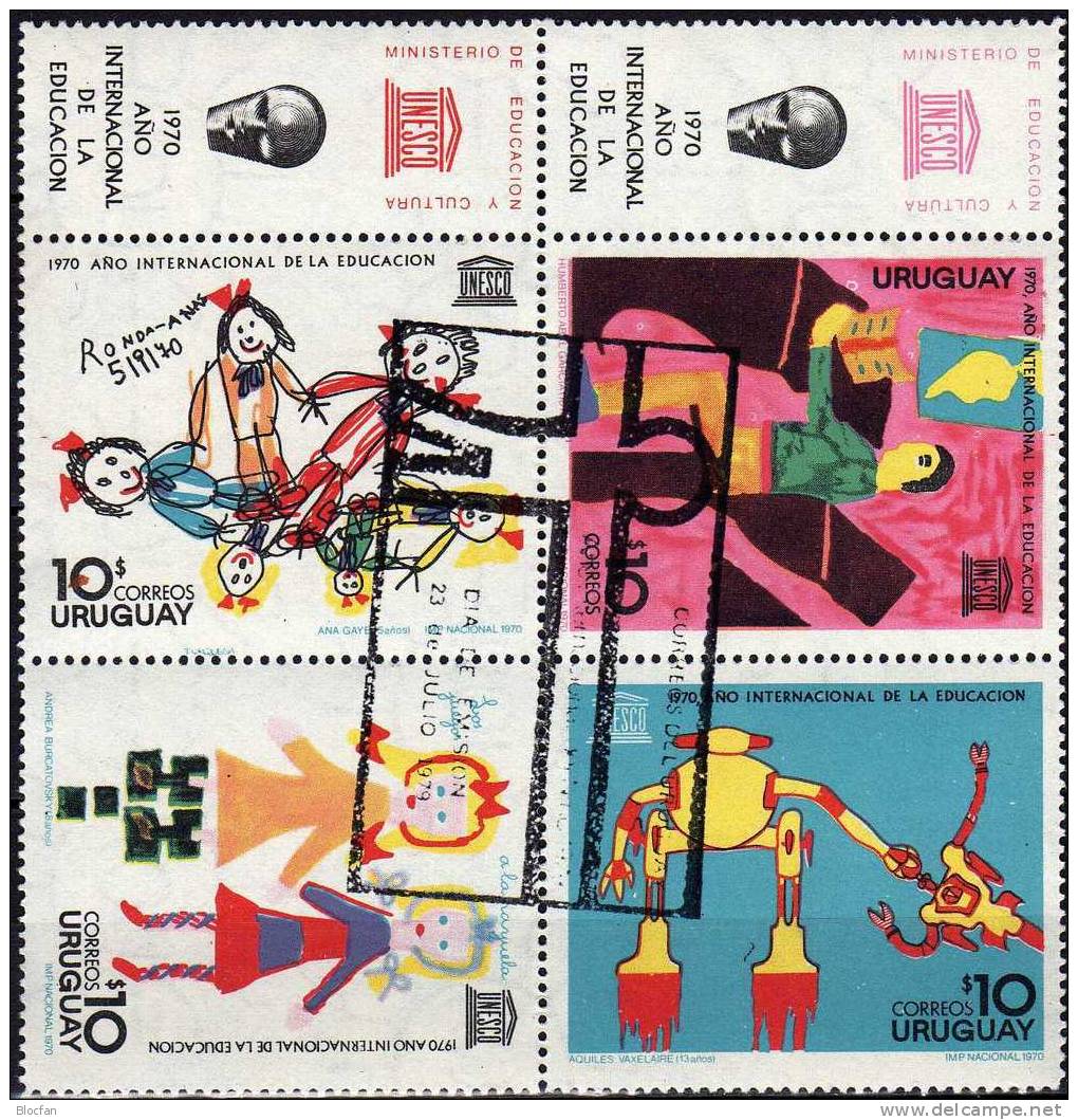 Emblem UNESCO 1970 Uruguay 1191/4 2xZD+Block II Mit Zierfeld 3+4 O 8€ UNICEF Kinder-Zeichnung Kindertag Sheet Bf America - Uruguay