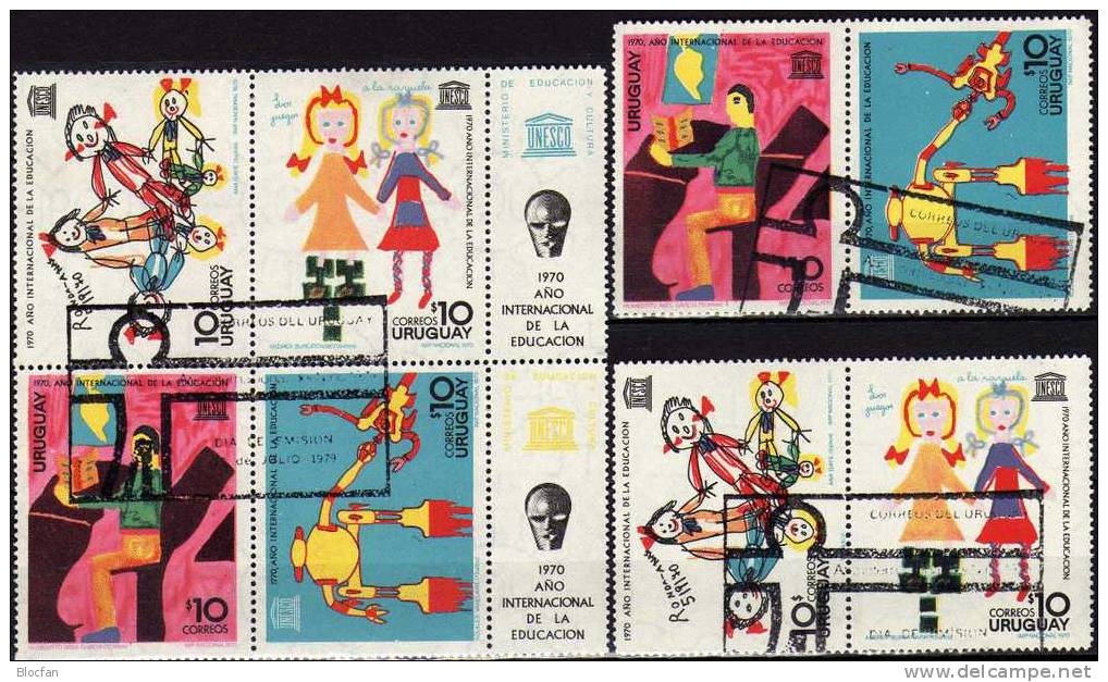 Emblem UNESCO 1970 Uruguay 1191/4 2xZD+Block III Mit Zierfeld 2+1 O 8€ UNICEF Kinderzeichnung Kindertag Sheet Bf America - Disney