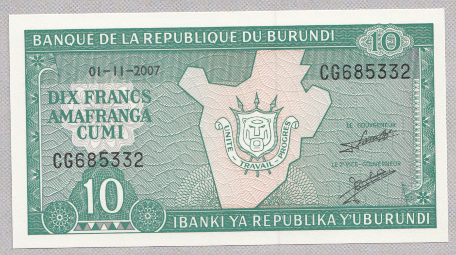 BURUNDI 10 FRANCS 01.11.2007 UNC NEUF P 33 - Burundi