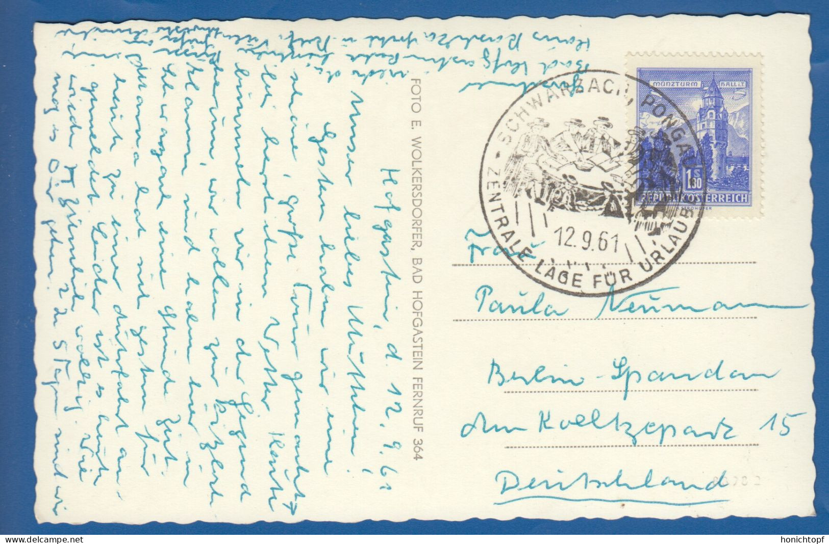 Österreich; Bad Hofgastein; Sonderstempel Schwarzach Pongau 1961 - Bad Hofgastein