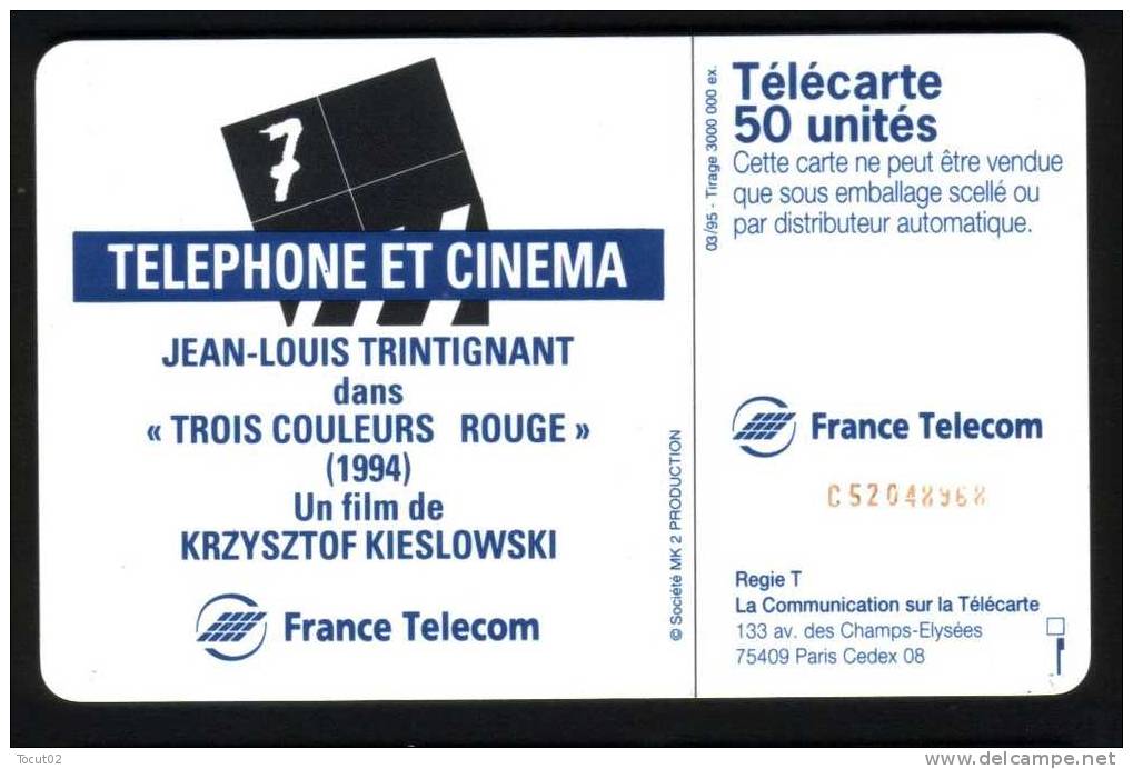 Télécarte France - Téléphone Et Cinéma 7 - Jean Louis Trintignant - Les Trois Couleurs Rouge - 50U - SC7 - Film