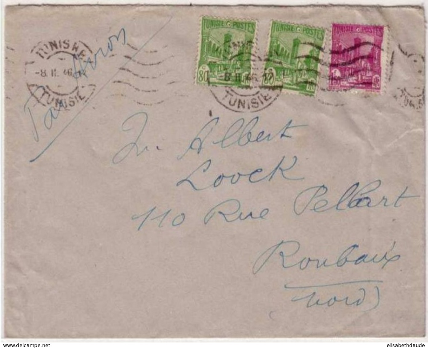 TUNISIE - 1946 -  LETTRE De TUNIS Pour ROUBAIX (NORD) - Briefe U. Dokumente