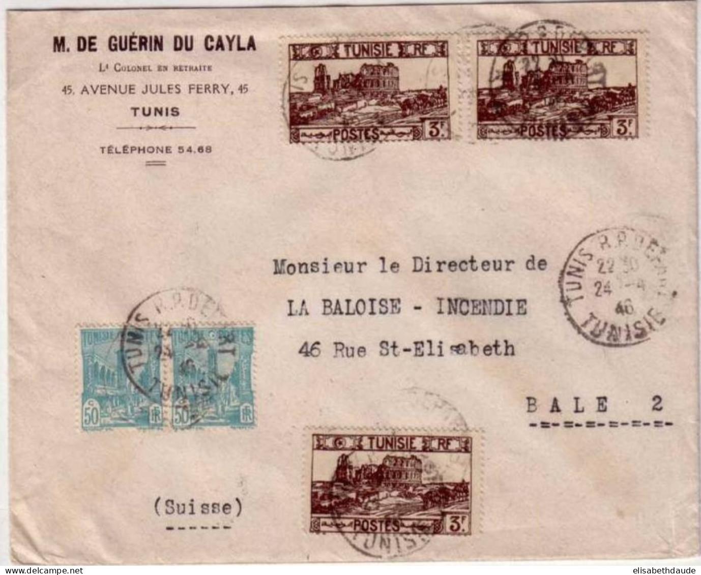 TUNISIE - 1946 -  LETTRE De TUNIS RP Pour BALE (SUISSE) - BEL AFFRANCHISSEMENT - Cartas & Documentos