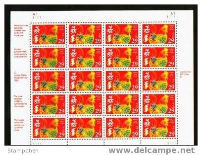 1993 USA Chinese New Year Zodiac Stamp Sheet - Cock Rooster #2720 - Gallinaceans & Pheasants