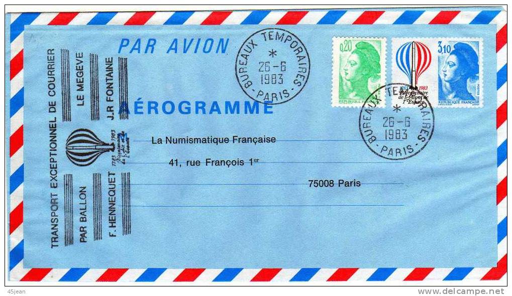 France: 1983 Bel Entier Aérogramme 1er Jour "bicentenaire De L'air Et De L'espace" Par Ballon Le Megève - Aerograms