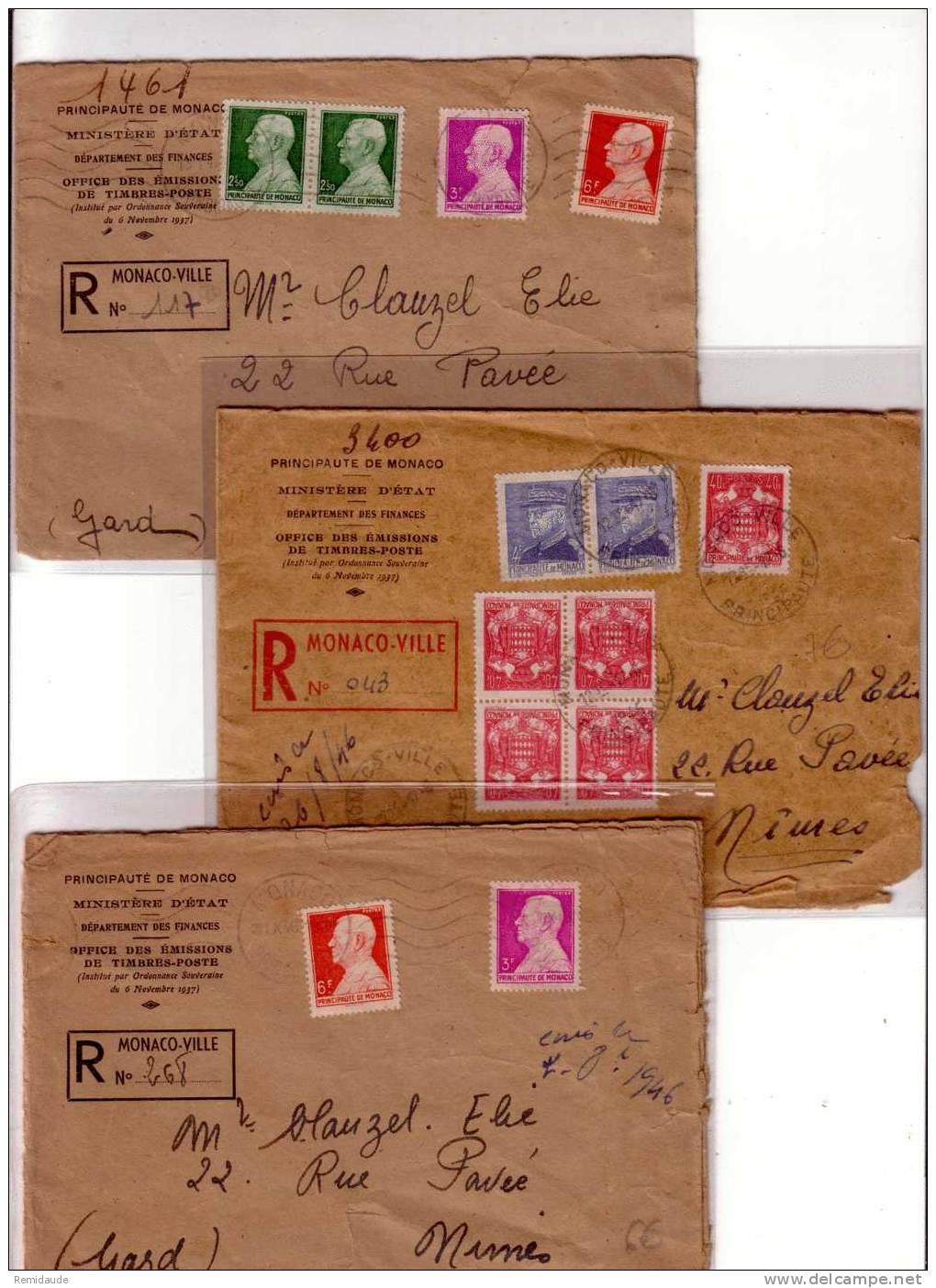 MONACO - 3 LETTRES RECOMMANDEES De L'OFFICE Des EMISSIONS De TIMBRES - 1946/47 - ETAT MOYEN (DECHIRURES) - Poststempel