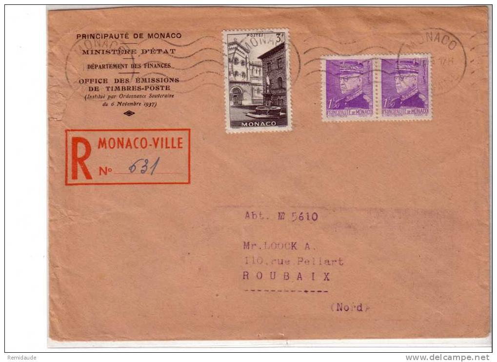 MONACO - 1945 - LETTRE RECOMMANDEE De L'OFFICE Des EMISSIONS De TIMBRES Pour ROUBAIX (NORD) - Poststempel