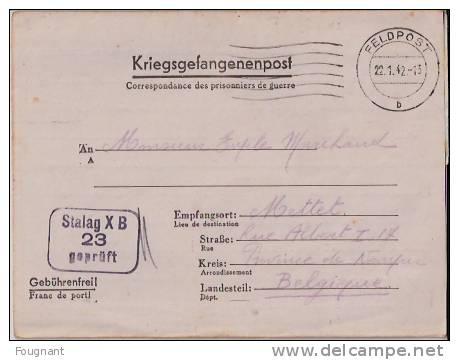 BELGIQUE : :1942:Lettre De Prisonnier.oblit.Feldpost +Cachet Stalag XB-23-geprüft.Lettre Envoyée à METTET(Belgique). - Weltkrieg 1939-45 (Briefe U. Dokumente)